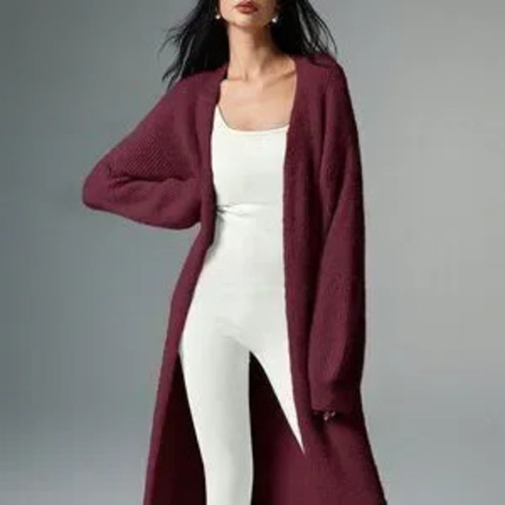 Burgundy Casual Women's Long Sleeve Open Front Knit Cardigan